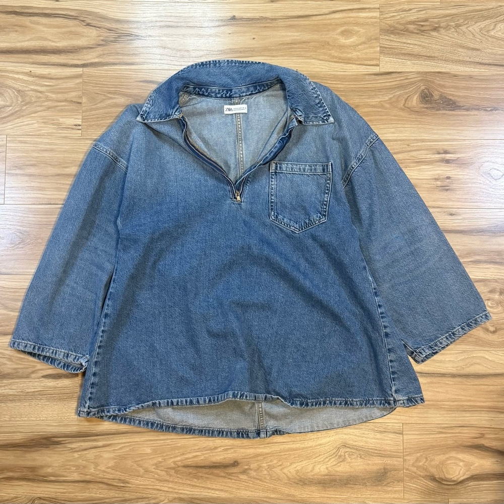 Zara Women Denim Half Zip Pullover Top US S Blue